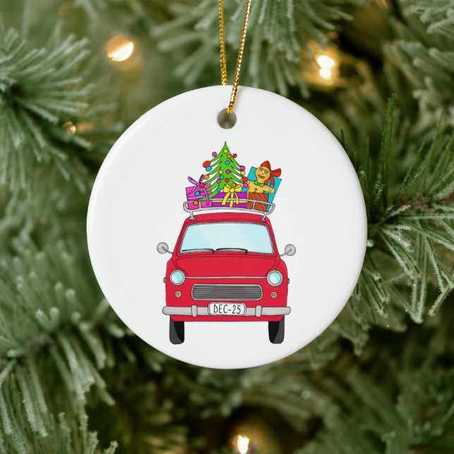 Red Car with Christmas Gifts Ceramic Ornament (Tree)