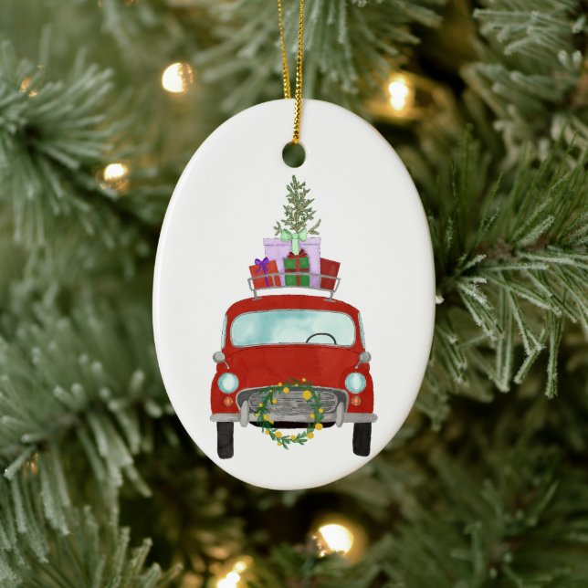Red Car with Christmas Gifts Ceramic Ornament (Tree)