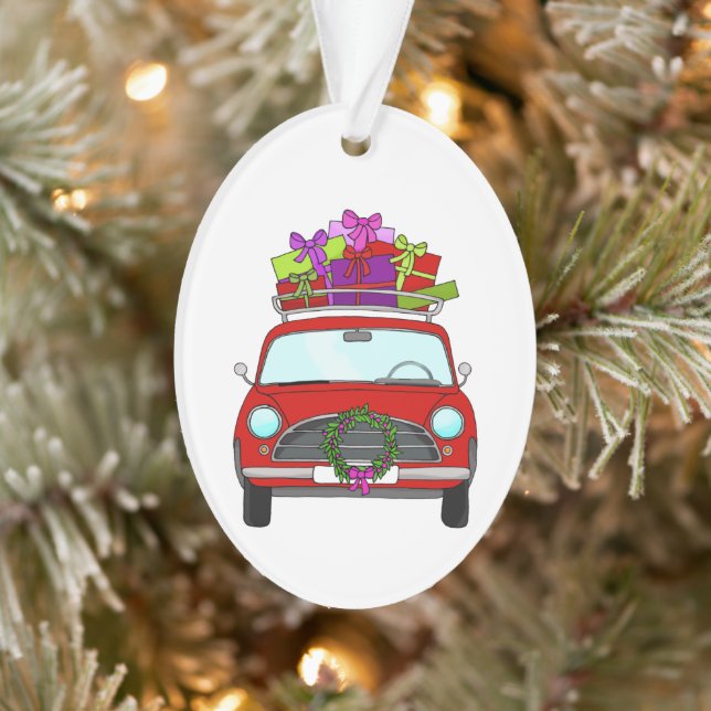 Red Car with Christmas Gifts Ornament (Tree)
