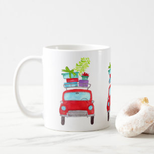Red Car with Christmas Gifts Watercolor Coffee Mug