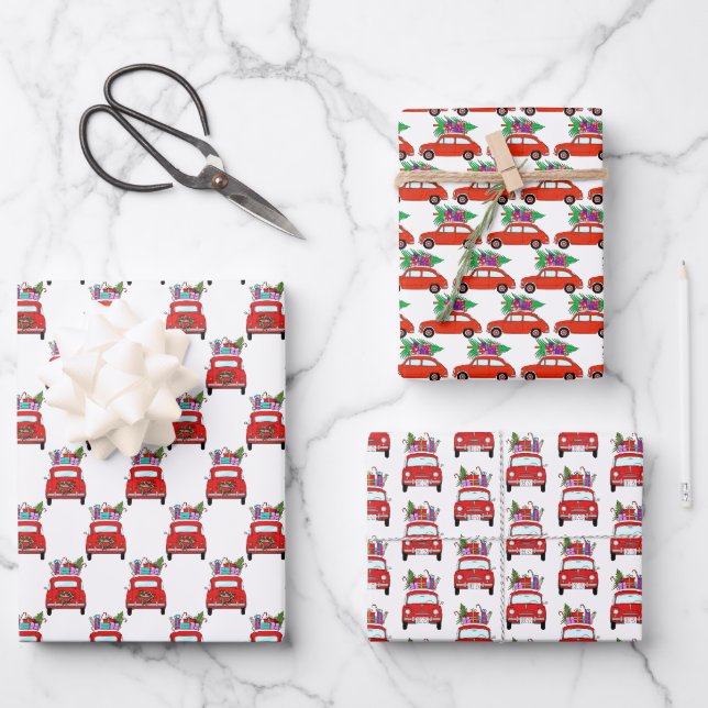 Red Car with Christmas Gifts Wrapping Paper (Front)