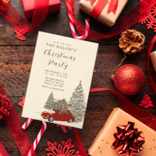 Red Car with Christmas Tree and Festive Winter Pin Invitation