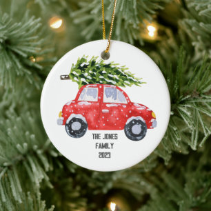 Red Car with Christmas Tree Atop - Personalize Ceramic Ornament