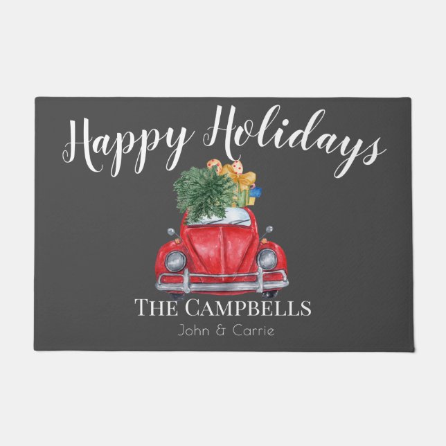 Red Car with Christmas Tree Customizable Doormat (Front)