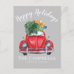 Red Car with Christmas Tree Customizable Holiday Postcard