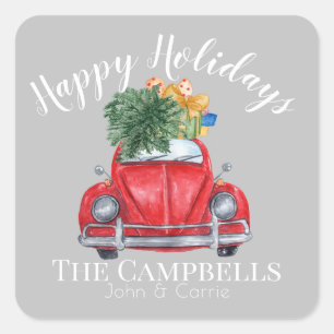 Red Car with Christmas Tree Customizable Square Sticker