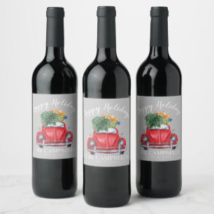 Red Car with Christmas Tree Customizable Wine Label