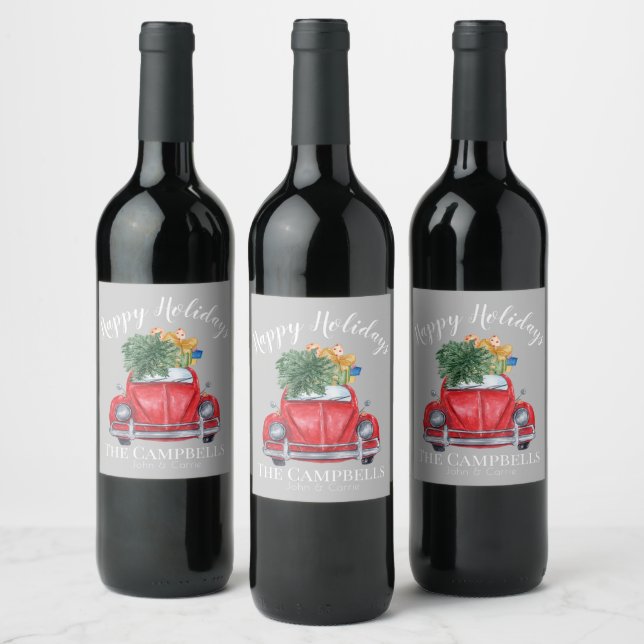 Red Car with Christmas Tree Customizable Wine Label (Bottles)