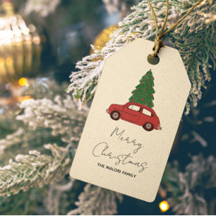 Red Car with Christmas Tree   Minimalist Vintage  Gift Tags