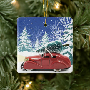 Red Car with Christmas Tree on Roof Ceramic Ornament