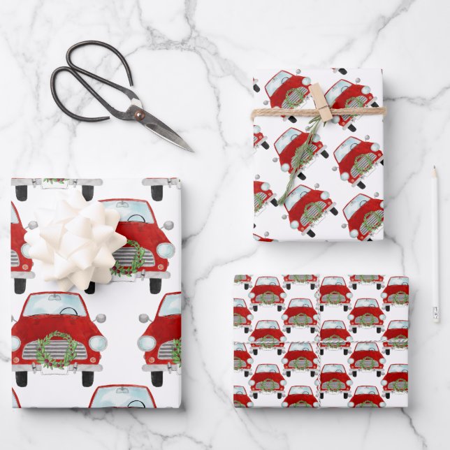 Red Car with Christmas wreath Wrapping Paper (Front)