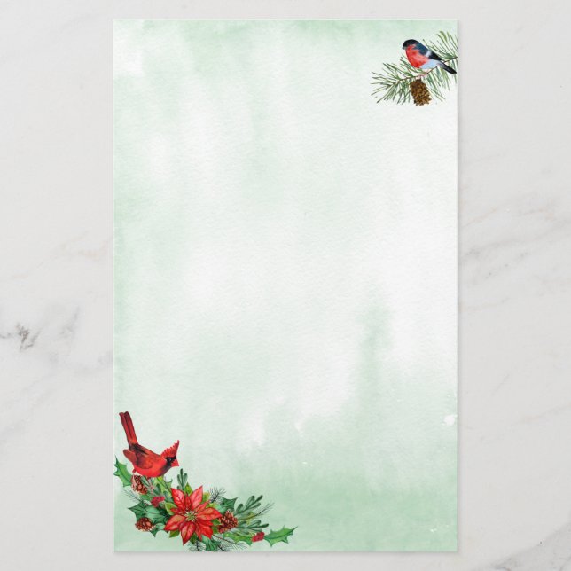 Red Cardinal and Bullfinch Bird Holiday Stationery (Front)