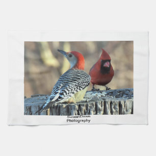 Red Cardinal and Red-Bellied Woodpecker Kitchen Towel