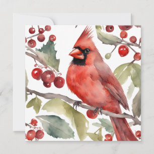 Red Cardinal and Wild Berries Christmas  Holiday Card