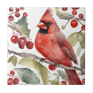 Red Cardinal and Wild Berries Christmas  Tile