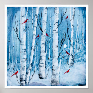 Red Cardinal Birch Tree Rustic Poster