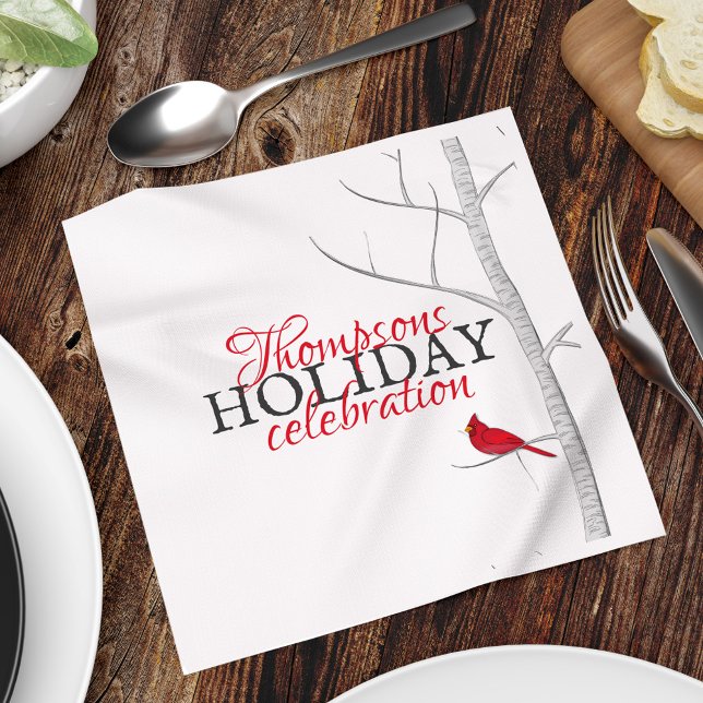 Red Cardinal Birch Tree Simple Winter Holiday Napkin (Holiday red cardinal and birch tree holiday party paper napkin. )