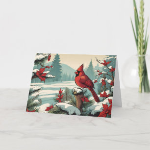 Red Cardinal Bird and Red Wild Berries  Holiday Card