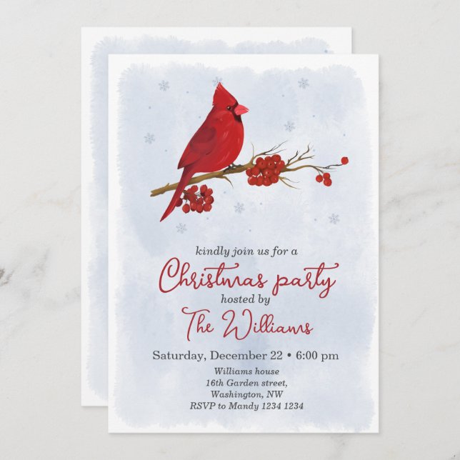Red Cardinal Bird Christmas Party Invitation (Front/Back)