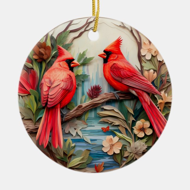 Red Cardinal Bird Christmas Personalized  Ceramic Ornament (Front)