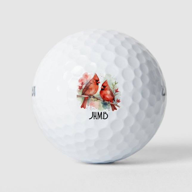 Red Cardinal Bird Couple Animal Monogram Art Golf Balls (Front)