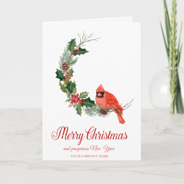 Red Cardinal Bird Holly Berry Christmas Holiday Card (Front)