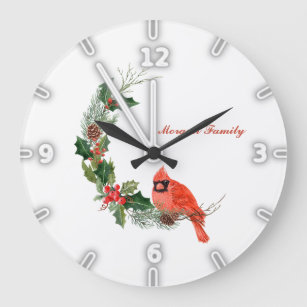 Red Cardinal Bird Holly Berry Christmas Large Clock