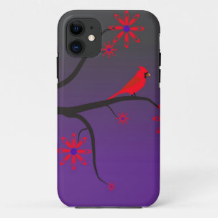 Red Cardinal bird in a tree on purple background. iPhone 11 Case