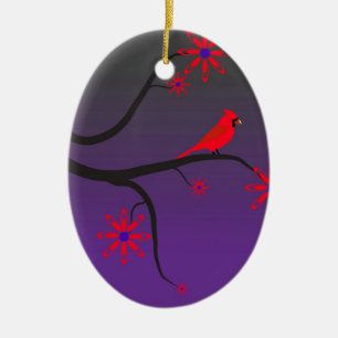Red Cardinal bird in a tree on purple background. Ceramic Ornament