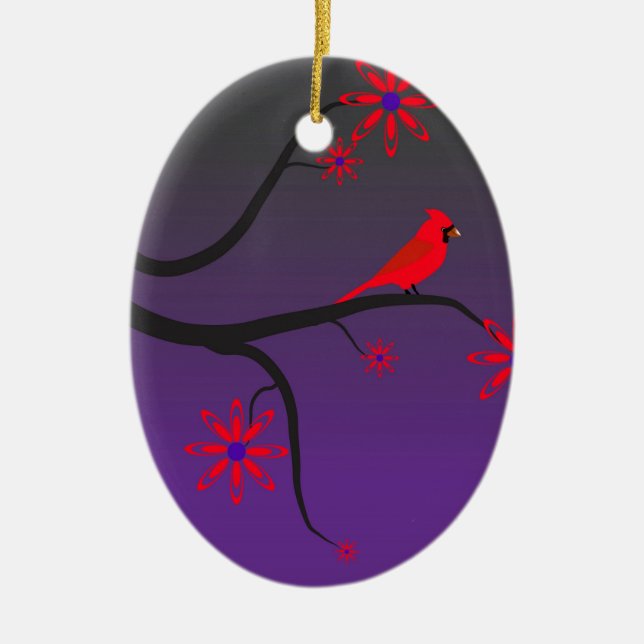 Red Cardinal bird in a tree on purple background. Ceramic Ornament (Front)