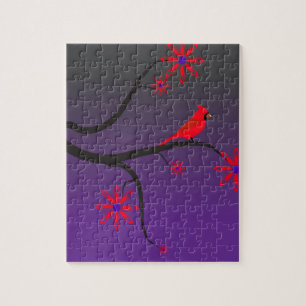 Red Cardinal bird in a tree on purple background. Jigsaw Puzzle