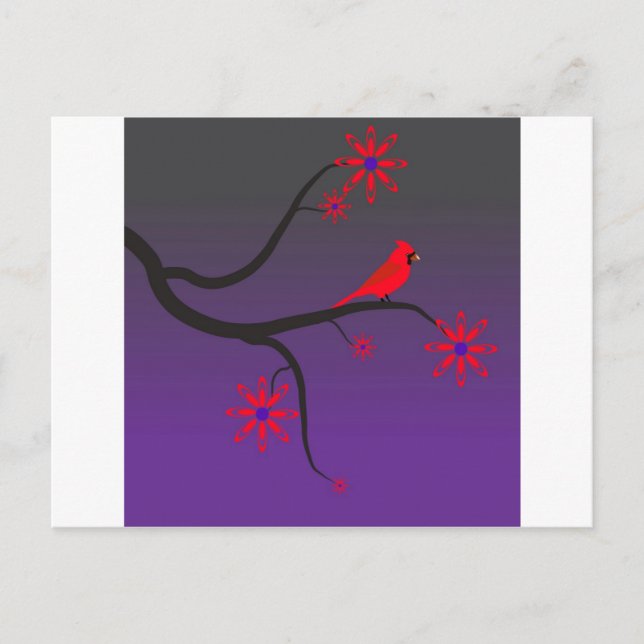 Red Cardinal bird in a tree on purple background. Postcard (Front)