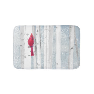 Red Cardinal Bird in beautiful snowy Birch Tree Bath Mat