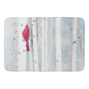 Red Cardinal Bird in beautiful snowy Birch Tree Bath Mat