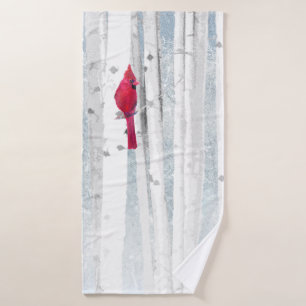 Red Cardinal Bird in beautiful snowy Birch Tree Bath Towel