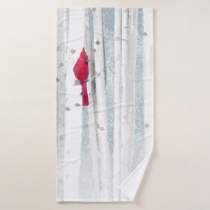 Red Cardinal Bird in beautiful snowy Birch Tree Bath Towel