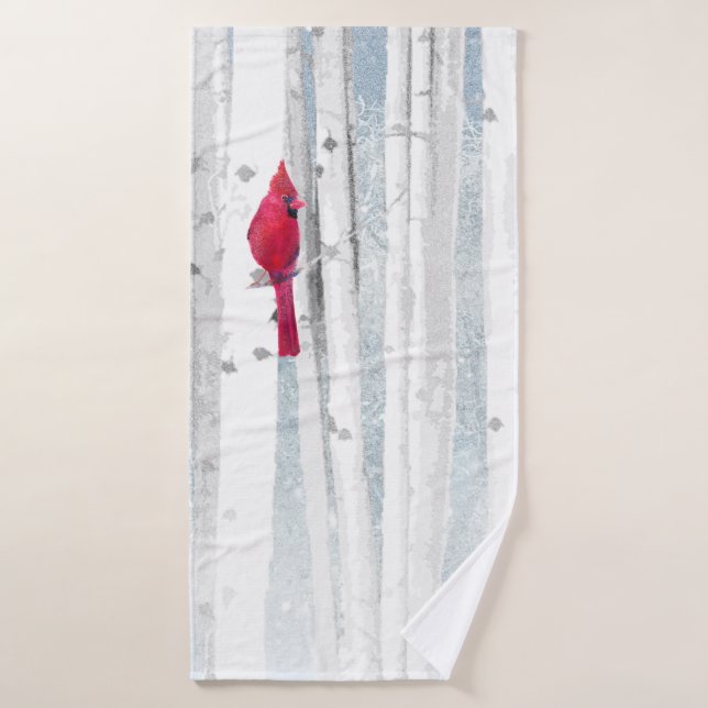 Red Cardinal Bird in beautiful snowy Birch Tree Bath Towel (Bath Towel)