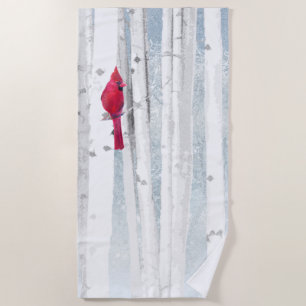 Red Cardinal Bird in beautiful snowy Birch Tree Beach Towel