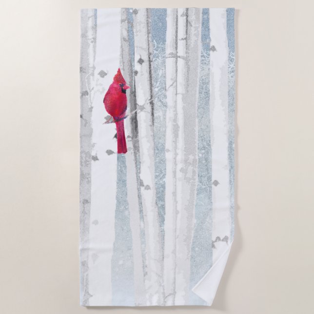 Red Cardinal Bird in beautiful snowy Birch Tree Beach Towel (Front)