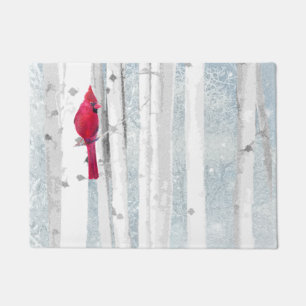 Red Cardinal Bird in beautiful snowy Birch Tree Doormat