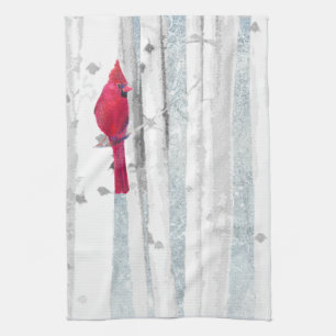 Red Cardinal Bird in beautiful snowy Birch Tree Kitchen Towel