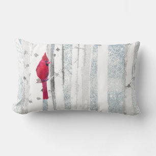 Red Cardinal Bird in beautiful snowy Birch Tree Lumbar Pillow