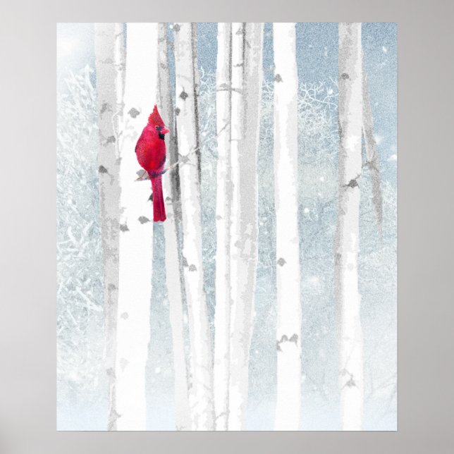 Red Cardinal Bird in beautiful snowy Birch Tree Poster (Front)