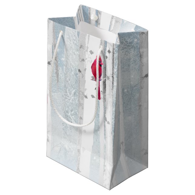 Red Cardinal Bird in beautiful snowy Birch Tree Small Gift Bag (Front Angled)