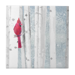 Red Cardinal Bird in beautiful snowy Birch Tree Tile