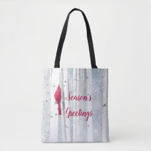Red Cardinal Bird in beautiful snowy Birch Tree Tote Bag