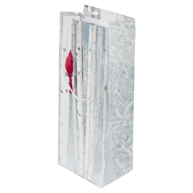 Red Cardinal Bird in beautiful snowy Birch Tree Wine Gift Bag (Front Angled)