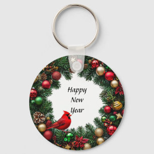 Red Cardinal Bird in Festive Decor Keychain