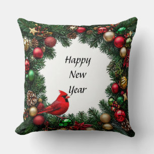 Red Cardinal Bird in Festive Decor Throw Pillow