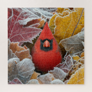 Red Cardinal Bird in Frosty Autumn Leaves Jigsaw Puzzle